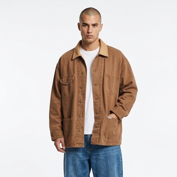 Guess Other - Vintage 90s Guess Workwear Jacket Mens L Brown Canvas Leather Collar Chore Coat